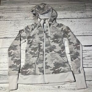 Athleta Camo Full Zip Hoodie Jacket XS Gray Thumb‎ Holes Athleisure Activewear